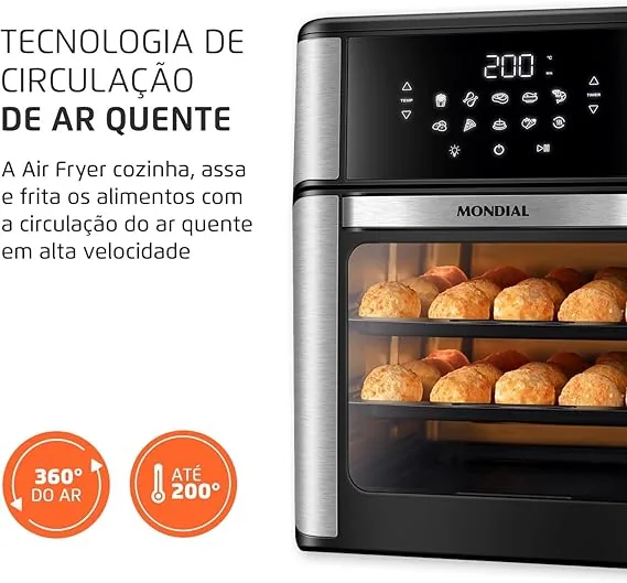 Especificações da Fritadeira Air Fryer Forno Oven 12L Mondial AFON-12L-BI 2000W: 1400W, 80°C a 200°C, 3,5L e timer de 60 minutos