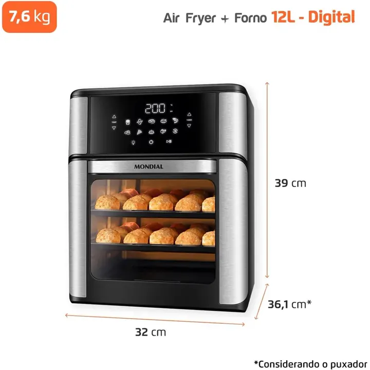 Praticidade no seu dia: timer 60 min, até 200°C e aviso sonoro